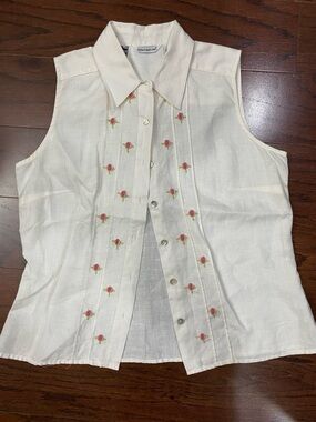 Irish Linen Floral 3D Decoration Sleeveless Top Size Medium Cottagecore Coquette